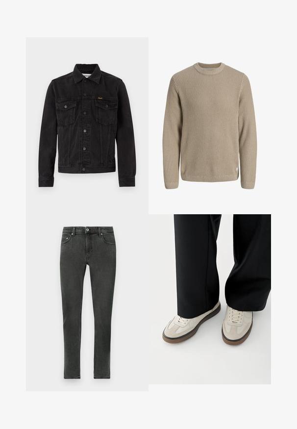 Sort denimjakke med knaplukning foran, to brystlommer med klap, krave og Wrangler-logo på venstre brystlomme.; Beige ribstrikket sweater med lange ærmer og rund halsudskæring, vist mod en lys baggrund.; Mørkegrå skinny jeans lavet af denim med en glat tekstur, der har en klassisk knap-lukning og standard fem-lomme design.; Fødder iført beige sneakers med brune såler og sorte bukser med vide ben på hvid baggrund.