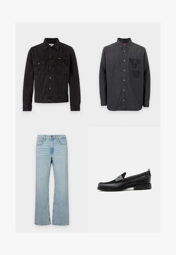 Veste en denim noire avec fermeture à boutons, deux poches poitrine à rabat, col et logo Wrangler sur la poche poitrine gauche.; Chemise en denim noir avec un devant boutonné, des manches longues, un col, et trois écussons brodés sur la poitrine gauche. Tissu texturé.; Jean flare en denim bleu clair avec taille mi-haute, cinq poches et surpiqûres contrastées. Doté d'un zip et d'une fermeture à bouton en métal.; Mocassin en cuir noir avec détail de bride grise, talon bas et semelle texturée, marqué "HUGO" en or sur le côté.