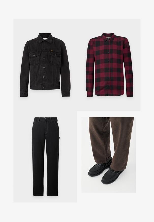 Chaqueta vaquera negra con botones delanteros, dos bolsillos de solapa en el pecho, cuello y logotipo de Wrangler en el bolsillo izquierdo del pecho.; Camisa de manga larga con estampado de cuadros rojos y negros, cuello clásico y puños ajustados.; Pantalones de algodón negros con un corte recto, que presentan costuras blancas en contraste y bolsillos laterales. Diseñados con un cierre de botón.; Zapatos de cuero negro con un acabado liso, punta redondeada y diseño con cordones, combinados con pantalones marrones texturizados. Vista desde abajo.