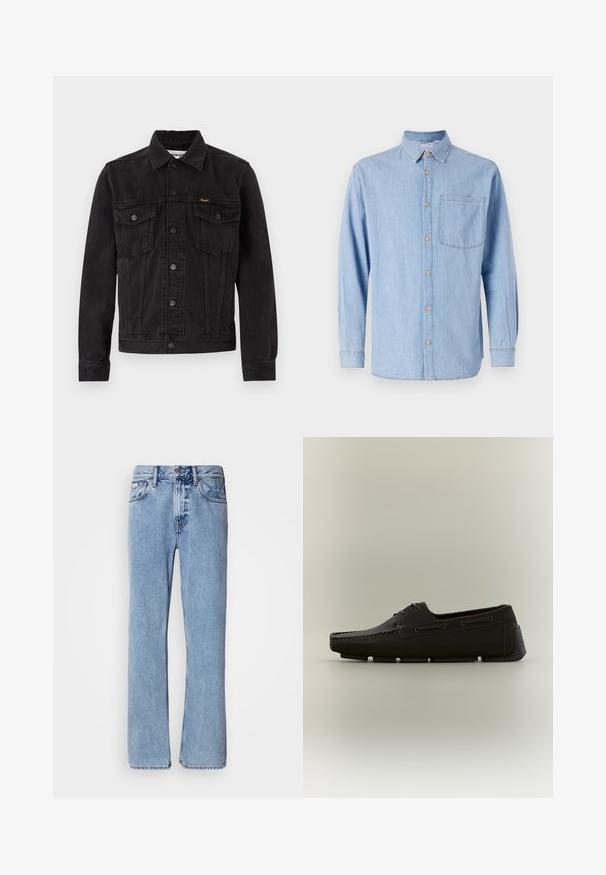 Chaqueta vaquera negra con botones delanteros, dos bolsillos de solapa en el pecho, cuello y logotipo de Wrangler en el bolsillo izquierdo del pecho.; Camisa de mezclilla azul claro con cuello abotonado, mangas largas y un bolsillo en el pecho. Presenta acentos de botones marrones y costuras en contraste.; Jeans de mezclilla azul claro con un diseño de pierna recta, cinco bolsillos y cierre de botón. Detalles de costura cerca de los bolsillos y la cintura.; Mocasín para hombre de cuero marrón oscuro con costuras estilo mocasín y suela de goma, mostrado en perfil lateral sobre un fondo neutro.