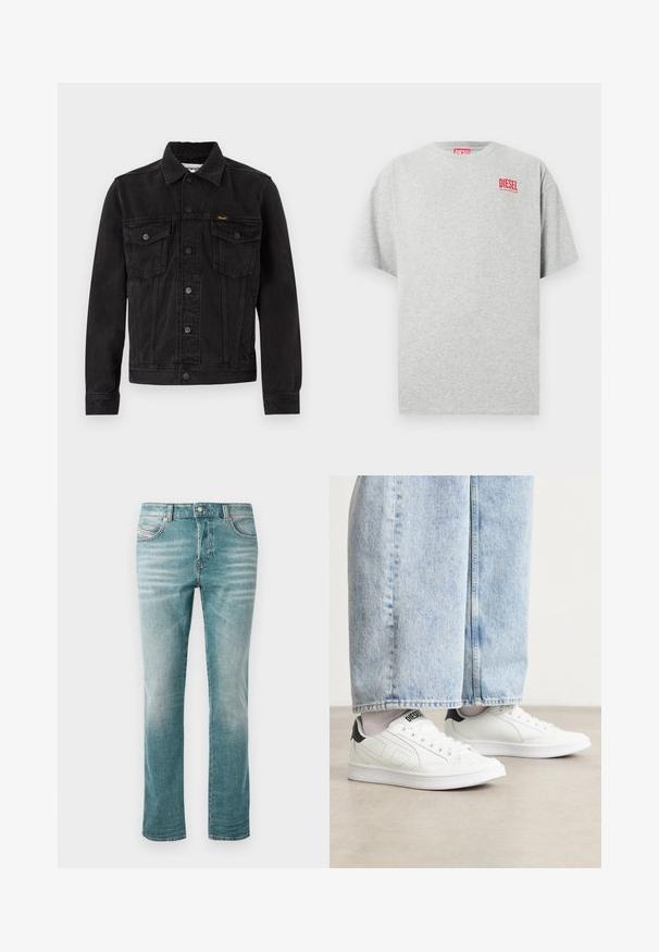Veste en denim noire avec fermeture à boutons, deux poches poitrine à rabat, col et logo Wrangler sur la poche poitrine gauche.; T-shirt en coton gris avec un col rond et des manches courtes. Présente un petit logo rouge « DIESEL » sur la poitrine. Texture lisse.; Jeans en denim bleu clair avec une coupe droite, cinq poches, un léger délavage, et une fermeture à bouton classique à la taille.; Baskets blanches avec une texture en cuir lisse, accents noirs au talon et détails perforés. Associées à un pantalon en denim large de couleur bleu clair.
