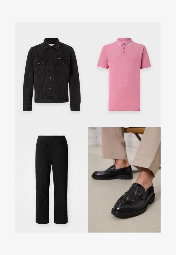 Veste en denim noire avec fermeture à boutons, deux poches poitrine à rabat, col et logo Wrangler sur la poche poitrine gauche.; Chemise polo rose à manches courtes, col côtelé, patte de boutonnage à trois boutons et bordure blanche contrastante au niveau du col et des manches.; Pantalons en coton noir avec une coupe décontractée, taille élastique, deux poches avant et jambes droites. Texture lisse sans motifs visibles.; Mocassins en cuir noir avec une finition lisse, ornés d'une sangle décorative et de coutures contrastées, associés à un pantalon beige.