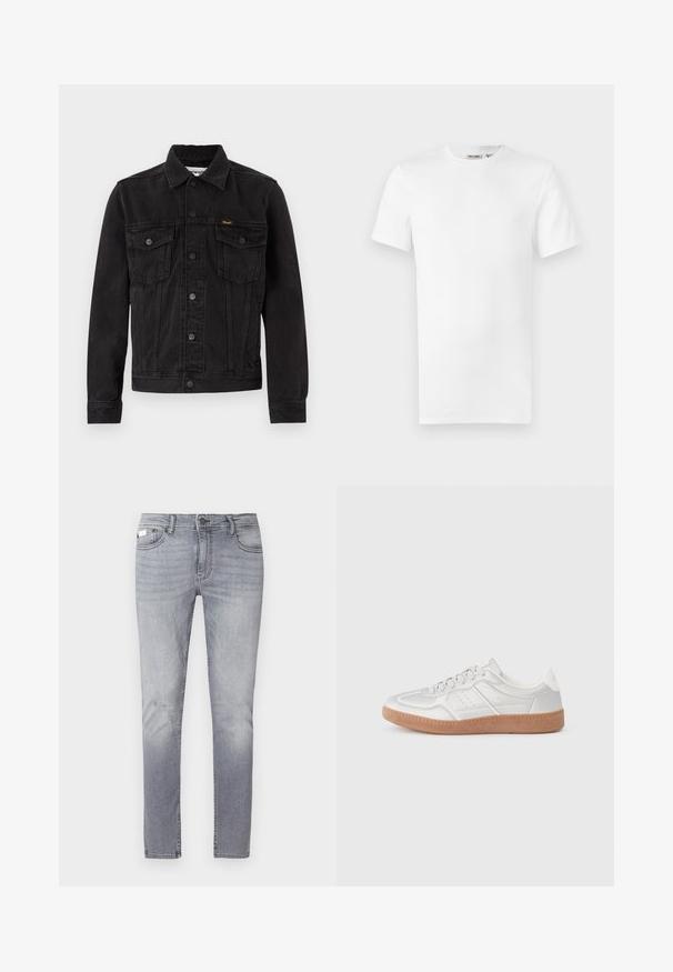 Veste en denim noire avec fermeture à boutons, deux poches poitrine à rabat, col et logo Wrangler sur la poche poitrine gauche.; T-shirt blanc uni à manches courtes et col rond, avec une petite étiquette de marque à l'intérieur du col, présenté sur un fond blanc.; Jeans en denim gris clair avec une coupe droite, un léger délavage, cinq poches et une fermeture par bouton. Texture lisse et taille standard.; Baskets argentées avec une texture lisse, un design à lacets, des accents perforés et une semelle en caoutchouc marron texturé.