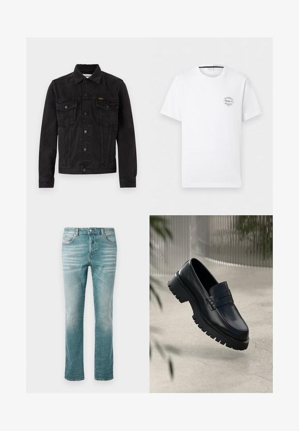 Chaqueta vaquera negra con botones delanteros, dos bolsillos de solapa en el pecho, cuello y logotipo de Wrangler en el bolsillo izquierdo del pecho.; Camiseta blanca de manga corta con un pequeño logo redondo negro en el pecho izquierdo que dice "Pepe Jeans Notting Hill Est. 1973".; Jeans de denim de color azul claro con corte recto, cinco bolsillos, un ligero desgaste y un cierre de botón clásico en la cintura.; Mocasines de cuero negro con suela gruesa, que presentan una correa decorativa y detalles de costura. Textura suave con un acabado pulido.