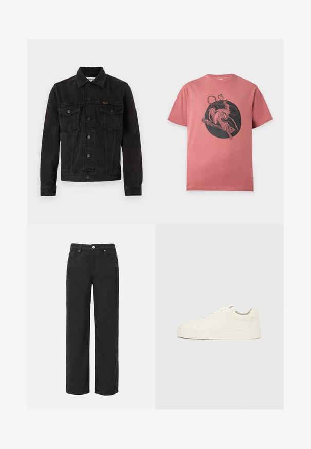 Schwarze Denimjacke mit Knopfleiste vorne, zwei Brustklappentaschen, Kragen und Wrangler-Logo auf der linken Brusttasche.; Pinkes Kurzarm-T-Shirt mit schwarzer Grafik von Spider-Man, der krabbelt und ein Netz innerhalb eines schwarzen Kreises auf der Brust schießt.; Schwarze weit geschnittene Baumwollhosen mit vier Taschen, Frontknopfverschluss und klassischem Jeansdesign. Glatte Textur, ohne sichtbare Muster.; Weißer Sneaker aus Leder mit niedrigem Schaft, Schnürverschluss und flacher Sohle vor einfarbigem hellgrauem Hintergrund, Seitenansicht.