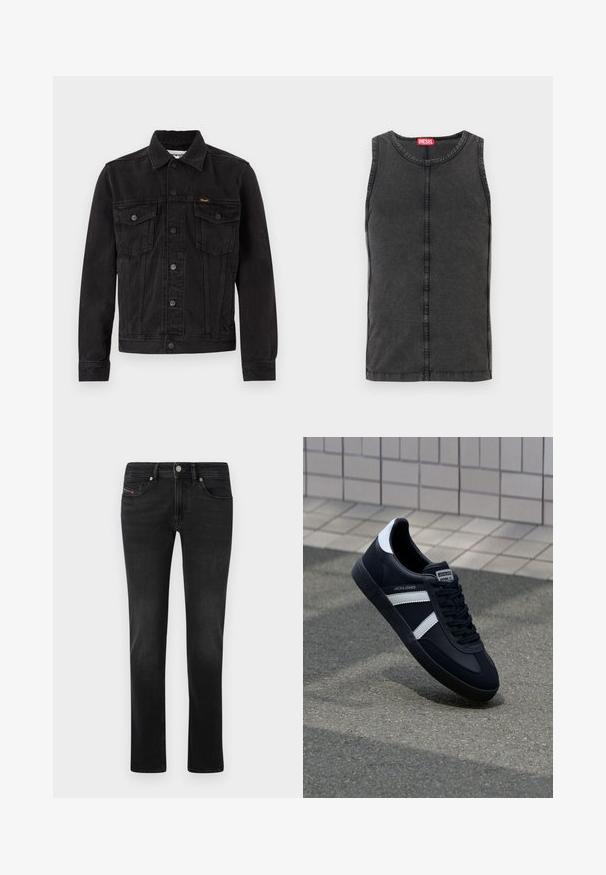 Chaqueta vaquera negra con botones delanteros, dos bolsillos de solapa en el pecho, cuello y logotipo de Wrangler en el bolsillo izquierdo del pecho.; Top de tirantes sin mangas de mezclilla negra con escote redondeado, detalles de costuras expuestas y una etiqueta de marca roja en el cuello.; Vaqueros de mezclilla negra con un diseño de pierna recta, que cuentan con bolsillos delanteros y traseros, un ligero desvanecimiento y un cierre con botón de metal.; Zapatilla de cuero negra con rayas blancas, suela de goma texturizada y parte frontal con cordones. Cuenta con una etiqueta de marca en la lengüeta.