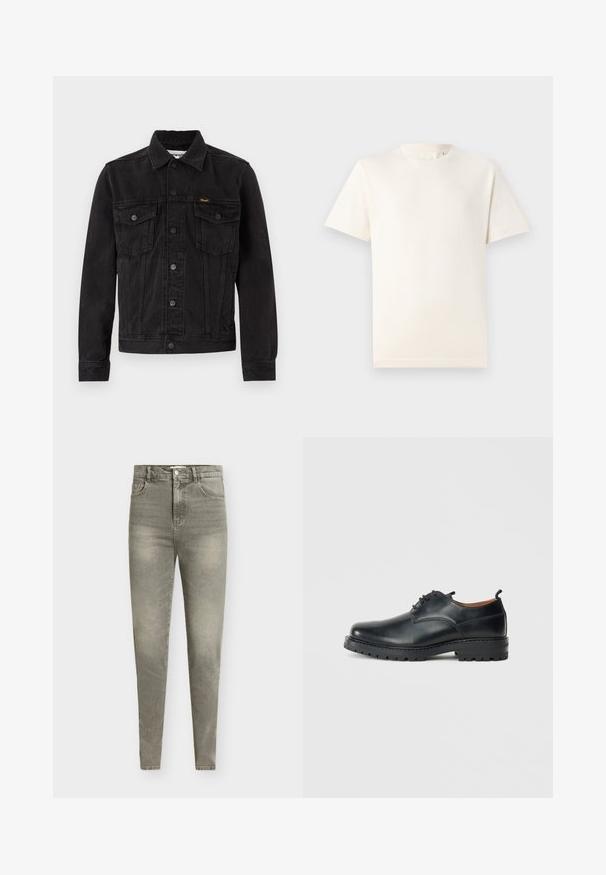 Zwarte spijkerjack met knoopsluiting aan de voorkant, twee borstzakken met klep, kraag en Wrangler-logo op de linkerborstzak.; TOM TAILOR BASIC CREW NECK - T-shirt basic - smooth light sand; Lichtgrijze denim skinny jeans met een hoge taille, ontwerp met vijf zakken, lichte slijtage en subtiele vervaging van de stof.; Zwarte leren derby schoenen met een gladde textuur, ronde neus, vetersluiting en een dikke, robuuste rubberen zool.