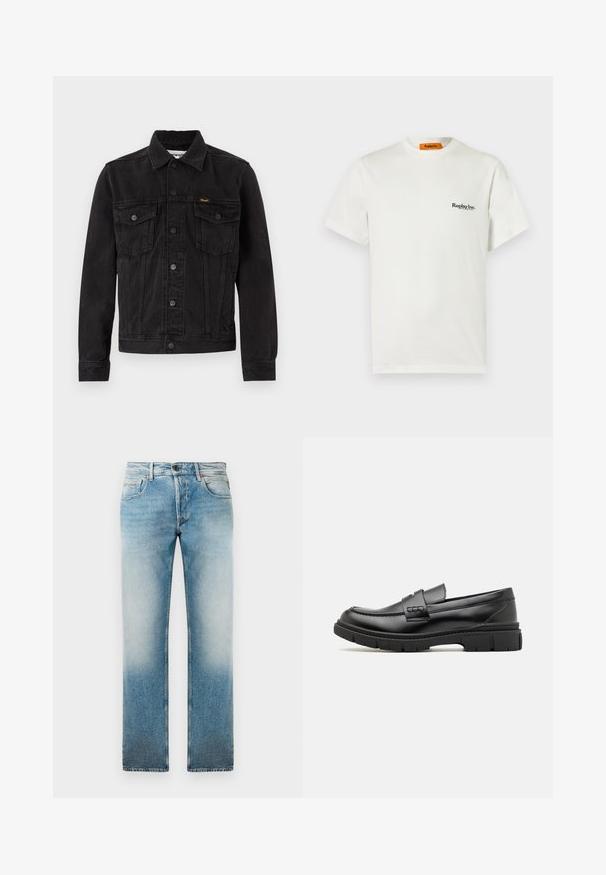 Sort denimjakke med knaplukning foran, to brystlommer med klap, krave og Wrangler-logo på venstre brystlomme.; Hvid kortærmet crewneck T-shirt med lille sort "Replay Inc." logo på venstre bryst og orange indvendig halslabel.; Lys blå denim jeans med lige ben-design, der har et falmet vask, fem lommer og en knaplukning i taljen.; Sort læder loafersko med en bred rem over forfoden, gummisål med tykke mønstre og glat overflade. Klassisk, slankt design.