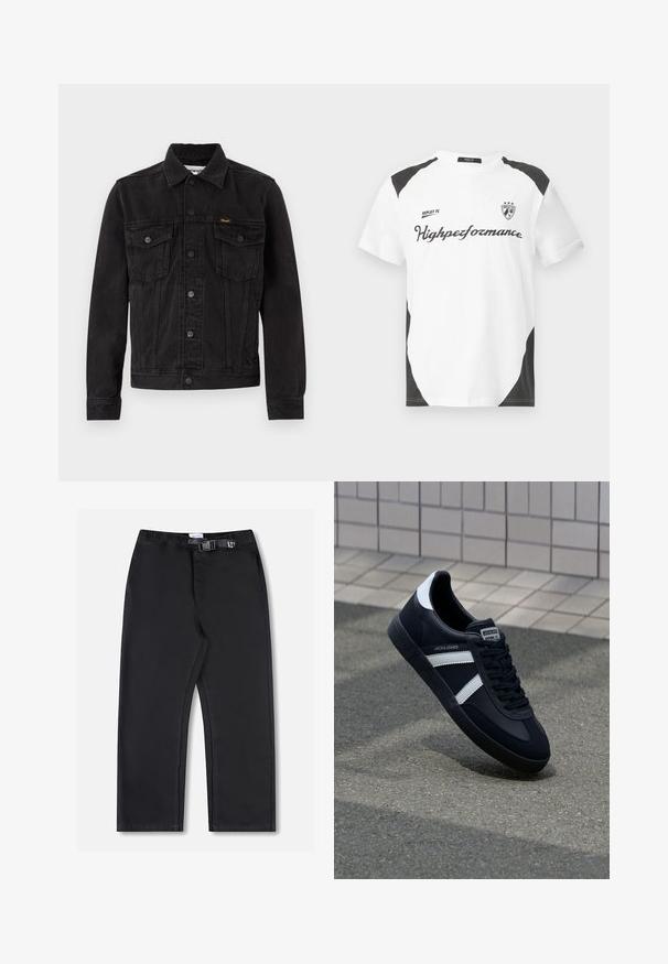 Sort denimjakke med knaplukning foran, to brystlommer med klap, krave og Wrangler-logo på venstre brystlomme.; Hvid kortærmet t-shirt med sorte accenter. Har "REPLAY FC" logoet og "Highperformance" teksten i en sporty skrift. Lavet af et glat materiale.; Sorte buks med lige ben, elastisk taljebånd og sidelukning med spænde, vist på en hvid baggrund.; Sort lædersneaker med hvide striber, tekstureret gummisål og snørrebånd foran. Har et brandet mærke på tungen.