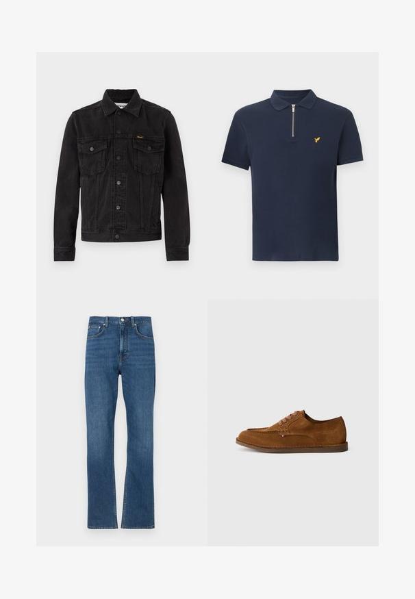 Schwarze Denimjacke mit Knopfleiste vorne, zwei Brustklappentaschen, Kragen und Wrangler-Logo auf der linken Brusttasche.; Marineblaues kurzärmeliges Poloshirt mit gerippter Textur, silbernem Frontreißverschluss und kleinem gelben Vogellogo auf der linken Brust.; Blaue gerade geschnittene Jeans aus Denim mit vorderem Knopf, Reißverschluss, Gürtelschlaufen und fünf Taschen, sichtbar auf einem weißen Hintergrund.; Brauner Wildleder-Schuh mit abgerundeter Spitze, dekorativen Nähten und sechs kontrastierenden Schnürlöchern. Flache Sohle und minimalistisches Design.