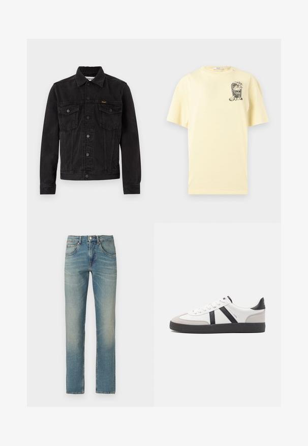 Schwarze Denimjacke mit Knopfleiste vorne, zwei Brustklappentaschen, Kragen und Wrangler-Logo auf der linken Brusttasche.; Hellgelbes kurzärmeliges T-Shirt mit einer kleinen Grafik eines Cocktailglases, Zitronenscheiben und dem Text "Replay club 81" auf der Brust.; Blaue Jeans mit gerade geschnittenen Beinen, verwaschenem Look, fünf Taschen und Knopfverschluss auf weißem Hintergrund.; Weiße Sneaker mit schwarz- und grau-aczenten, ausgestattet mit einer strukturierten grauen Zehenkappe, schwarzer Gummi-Sohle und flachen weißen Schnürsenkeln. Sauberes Design, minimalistische Stil.