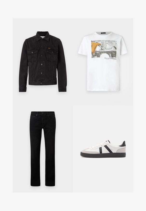 Veste en denim noire avec fermeture à boutons, deux poches poitrine à rabat, col et logo Wrangler sur la poche poitrine gauche.; T-shirt blanc à manches courtes avec un motif de moto noir et blanc, un tissu imprimé léopard orange, et le texte "Replay Custom Garage" sur le devant.; Jean en denim noir avec une coupe droite. Comprend une fermeture éclair, un style cinq poches et un léger effet de décoloration sur le tissu.; Baskets blanches avec des accents noirs et gris, présentant un embout texturé gris, une semelle en caoutchouc noir et des lacets plats blancs. Design épuré, style minimaliste.