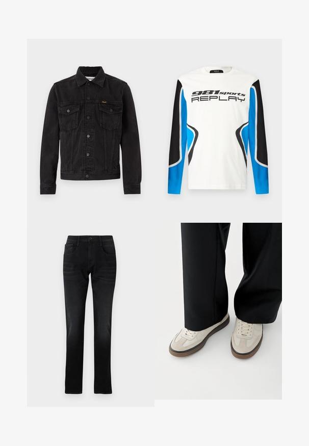 Schwarze Denimjacke mit Knopfleiste vorne, zwei Brustklappentaschen, Kragen und Wrangler-Logo auf der linken Brusttasche.; Langarm-Sportshirt mit weißer Vorderseite, schwarzen und blauen Ärmeln und dem Aufdruck "981 sports REPLAY" auf der Brust.; Schwarze Jeans aus Denim mit geradem Schnitt, Fronttaschen und einem einzelnen Knopfverschluss. Verfügt über subtile Verblassungen und Näh-Details.; Füße mit beigen Sneakers mit braunen Sohlen und schwarzen Hosen mit weitem Bein auf weißem Hintergrund.