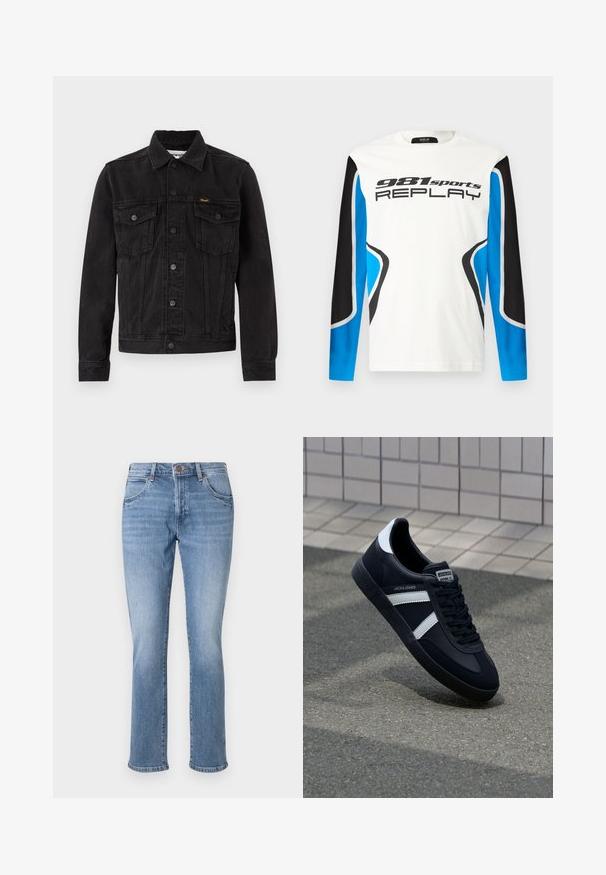 Schwarze Denimjacke mit Knopfleiste vorne, zwei Brustklappentaschen, Kragen und Wrangler-Logo auf der linken Brusttasche.; Langarm-Sportshirt mit weißer Vorderseite, schwarzen und blauen Ärmeln und dem Aufdruck "981 sports REPLAY" auf der Brust.; Hellblaue Jeans mit geradem Bein, Vordertaschen, Gürtelschlaufen und Knopfverschluss.; Schwarze Leder-Sneaker mit weißen Streifen, strukturiertem Gummisohle und Schnürung. Verfügt über ein Markenetikett auf der Zunge.