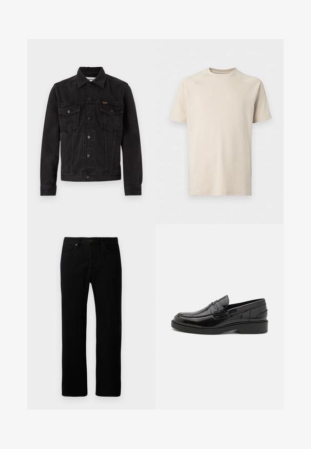 Sort denimjakke med knaplukning foran, to brystlommer med klap, krave og Wrangler-logo på venstre brystlomme.; Beige kortærmet t-shirt med rund hals og raglanærmer, ensfarvet og lavet af glat stof.; Sorte denimjeans med lige ben-design, fem-lomme stil, frontknaplukning og diskrete syninger.; Sorte læder loafers med en glat finish, rund tå, lav hæl og dekorativ syning langs forsiden. Gummisål for godt greb.