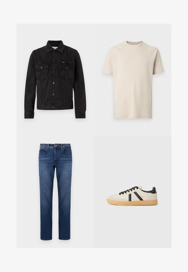 Chaqueta vaquera negra con botones delanteros, dos bolsillos de solapa en el pecho, cuello y logotipo de Wrangler en el bolsillo izquierdo del pecho.; Camiseta beige de manga corta con cuello redondo y mangas raglán, lisa y hecha de tela lisa.; Jeans de mezclilla de color azul oscuro con corte recto, cinco bolsillos y costuras en contraste. Terminados con cierre de botón y cremallera.; Zapatillas casuales en crema con rayas negras, con parte superior texturizada y suela de goma. Los cordones son negros. Logo sutil en el costado.