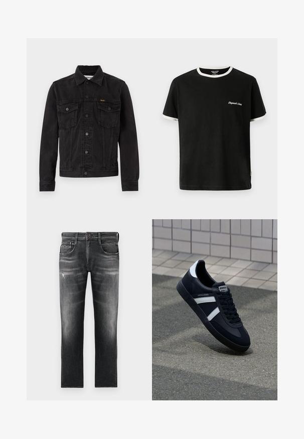 Zwarte spijkerjack met knoopsluiting aan de voorkant, twee borstzakken met klep, kraag en Wrangler-logo op de linkerborstzak.; Jack & Jones T- - T-shirt basic - black; Zwarte spijkerbroek van denim met een rechte pijp, featuring subtiele vervaging, wassingdetails en lichte slijtage bij de knie.; Zwarte leren sneaker met witte strepen, een gestructureerde rubberen zool en vetersluiting aan de voorkant. Voorzien van een merklabel op de tong.
