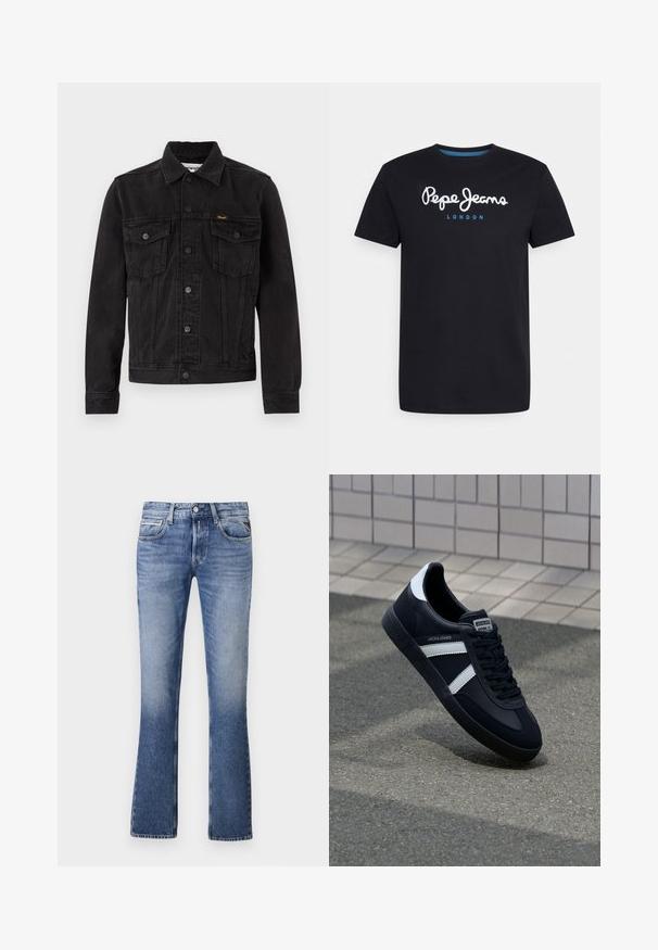 Veste en denim noire avec fermeture à boutons, deux poches poitrine à rabat, col et logo Wrangler sur la poche poitrine gauche.; T-shirt en coton noir avec un logo en script blanc "Pepe Jeans" accentué de bleu, col rond et manches courtes. Design simple et uni.; Jean en denim bleu clair avec un design évasé, comportant cinq poches, une fermeture à bouton à l'avant et un léger délavage sur l'ensemble.; Sneaker en cuir noir avec des rayures blanches, semelle en caoutchouc texturée et devant à lacets. Présente une étiquette de marque sur la languette.