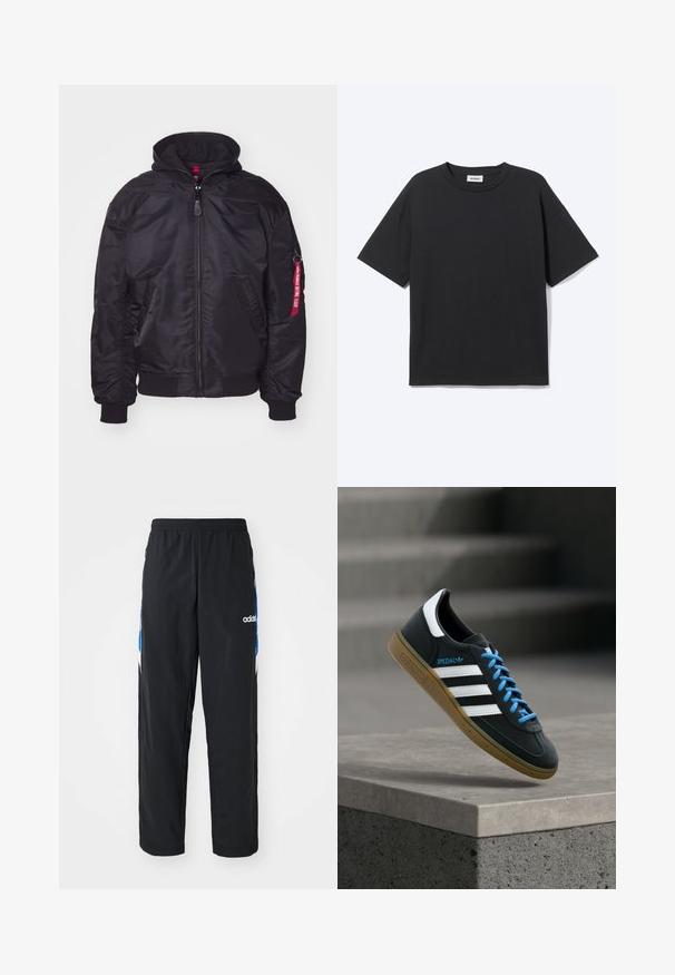 Sort bomberjakke med aftageligt hætte, lynlås lukning, ribbede manchetter og sidelommer. Har et rødt label på ærmet som detalje.; Sort T-shirt med korte ærmer og rund hals med afslappet pasform, forfra, ensfarvet design og synligt Weekday-mærke inde i kraven.; Sorte træningsbukser med elastisk talje, prydet med blå og hvide grafiske detaljer på siderne og et broderet logo.; Sort Adidas sneaker med hvide striber, blå snørebånd og gummisål, der svæver over gråt betontrin i blødt lys.