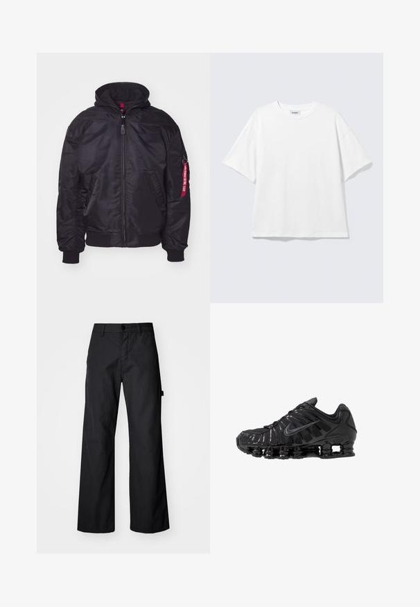 Sort bomberjakke med aftageligt hætte, lynlås lukning, ribbede manchetter og sidelommer. Har et rødt label på ærmet som detalje.; Hvid oversized t-shirt med korte ærmer og rund halsudskæring med sænkede skuldre, fladt lagt på lys grå baggrund.; Svarte breddebenede bukser fremstillet af holdbart stof. Har en knaplukning og sidelommer. Glat tekstur med et enkelt design.; Sorte atletikskoser lavet af mesh og syntetiske materialer, med et karakteristisk bølget design, sort gummisål og reflekterende detaljer.