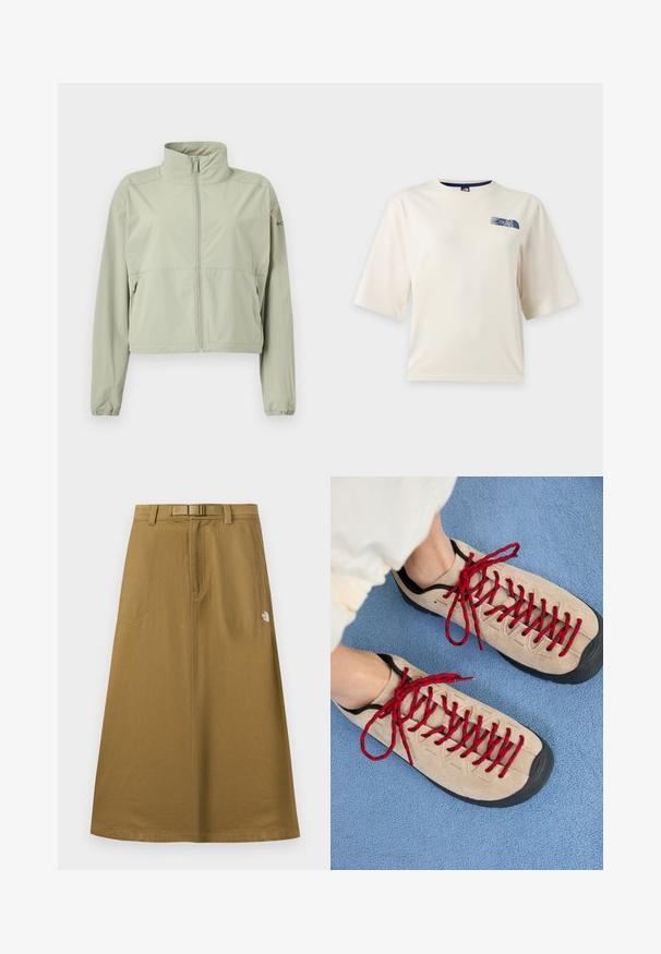 Veste légère vert clair avec col montant, fermeture éclair frontale, manches longues avec poignets élastiques et poches latérales zippées.; T-shirt blanc à manches courtes avec un petit logo bleu The North Face sur la partie supérieure gauche de la poitrine.; Jupe longue extérieure beige avec poches avant, ceinture intégrée et logo The North Face sur le côté droit.; Des chaussures beiges avec des lacets rouges, posées sur une surface bleue texturée, révèlent partiellement la cheville d'une personne. Les chaussures ont un design sportif.