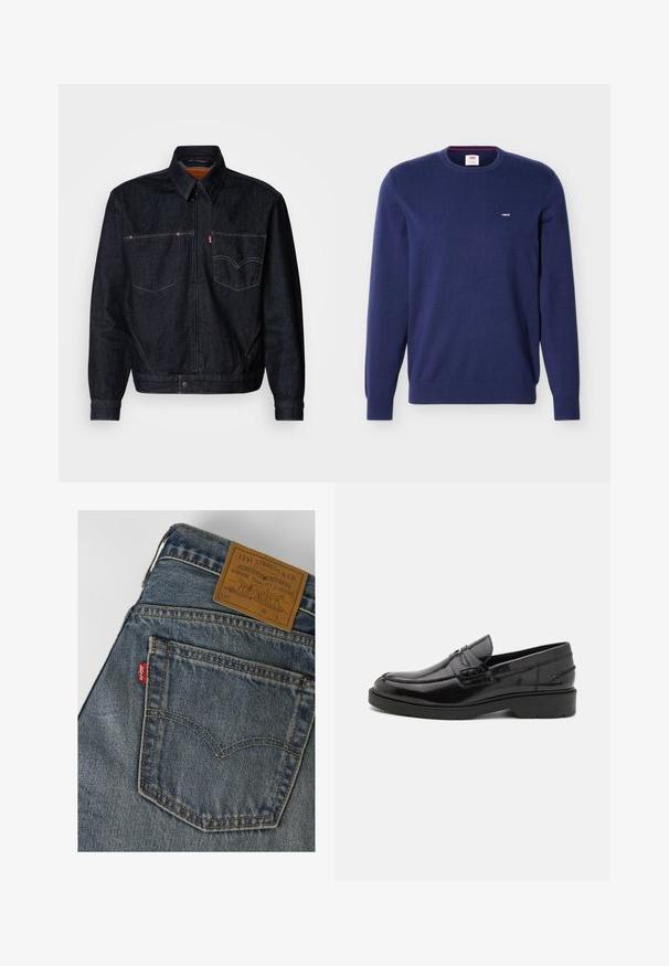 Mørk denimjakke med frontlynlås, to brystlommer og krave. Har kontrasterende syninger og et mærkeskilt på venstre lomme.; Navyblå Levi's crewneck-trøje med lange ærmer og lille hvidt Levi's-logo på venstre bryst.; Baglomme på blå denim Levi's jeans med gul syning og et brunt lædermærke fra Levi Strauss & Co. ved linningen.; Sorte læder loafers med en glat finish, rund tå, lav hæl og dekorativ syning langs forsiden. Gummisål for godt greb.