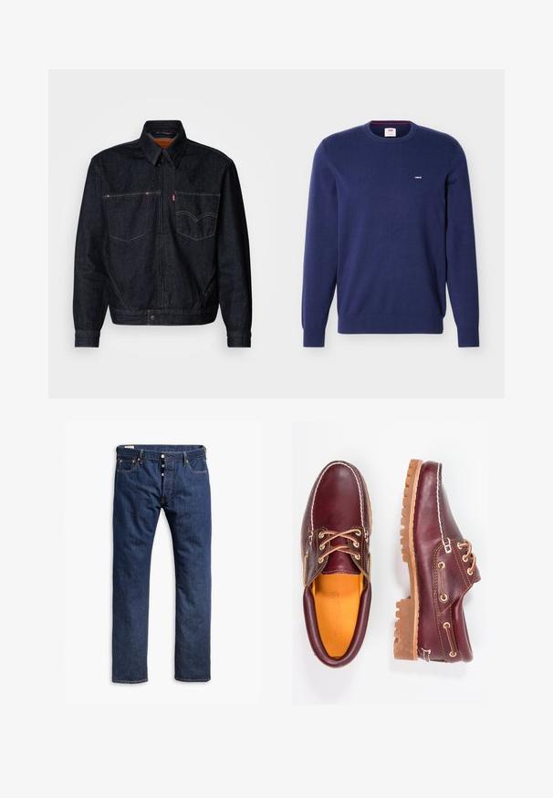 Mørk denimjakke med frontlynlås, to brystlommer og krave. Har kontrasterende syninger og et mærkeskilt på venstre lomme.; Navyblå Levi's crewneck-trøje med lange ærmer og lille hvidt Levi's-logo på venstre bryst.; Mørkeblå denim jeans med lige ben, kontrastsyninger, knappelukning og fem lomme-stil.; Bordeaux lædersko med brune gummisåler, rund tå, hvid syning og gyldne snøringer. Indersiden har et gult for.