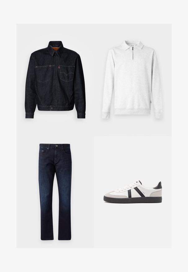 Mørk denimjakke med frontlynlås, to brystlommer og krave. Har kontrasterende syninger og et mærkeskilt på venstre lomme.; Lys grå sweatshirt med lynlås i kraven, lange ærmer, ribbede manchetter og kant. Fremstillet af blød, tekstureret stof. Ingen mønstre eller accenter.; Mørkeblå denimjeans med lige snit, der har to forlommer, en møntlomme og en knaplukning. Let falmet tekstur.; Hvide sneakers med sorte og grå detaljer, med en tekstureret grå tåhætte, sort gummisål og flade hvide snørebånd. Rent design, minimalistisk stil.