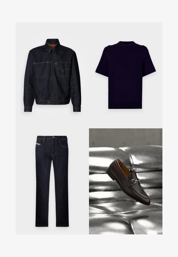 Tmavomodrá džínová bunda s predným zipsom, dvoma náprsními vreckami a golierom. Obsahuje kontrastné švy a značkový štítok na ľavom vrecku.; Tielko s krátkym rukávom v tmavej purpurovej farbe, vyrobené z mäkkej tkaniny. Obsahuje okrúhly výstrih a rebrovaný lem na spodnom okraji a okrajoch rukávov.; Tmavomodré džínsové nohavice s rovnými nohavicami, obsahujúce päť vreciek, gombíkový zips a kontrastné stehové akcenty.; Tmavohnedý kožený mokasín so striebornou kovovou prackou leží na lesklom, metalickom striebornom čalúnenom povrchu, naklonený tak, aby ukázal bočné a horné detaily.