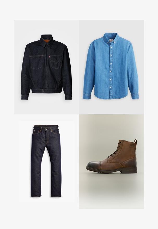 Donkerdenimjack met een ritssluiting aan de voorkant, twee borstzakken en een kraag. Heeft contrasterende stiksels en een merklabel op de linkerzak.; Lichtblauw denim overhemd met lange mouwen, button-down kraag en witte knopen. Heeft een klein geborduurd logo op de borst.; Donkerblauwe recht gesneden denim jeans met vijf zakken en oranje contrasterende stiknaden, plat gelegd op een witte achtergrond.; Bruine leren enkellaars met veters, zwarte neuskap, ronde zool en merkdetail aan de zijkant tegen een effen achtergrond.