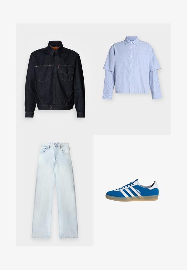 Donkerdenimjack met een ritssluiting aan de voorkant, twee borstzakken en een kraag. Heeft contrasterende stiksels en een merklabel op de linkerzak.; Lichtblauw-wit verticaal gestreept overhemd met knopen, met gelaagde korte en lange mouwen en borstzak op witte achtergrond.; Lichtblauwe spijkerbroek met een losse pasvorm, hoge taille, vijf-pocketontwerp en rechte pijpen. Vervaagde textuur met zichtbare stikdetails.; Blauw-witte Adidas Gazelle sneaker met een gumzool en drie witte strepen, gezien vanaf de zijkant op een witte achtergrond.