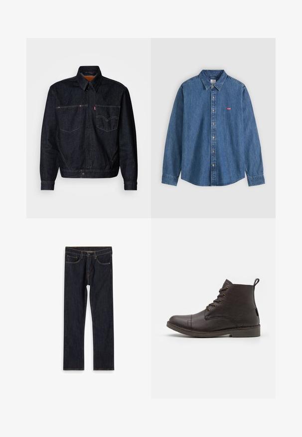 Veste en denim foncé avec une fermeture éclair devant, deux poches poitrine et un col. Présente des coutures contrastées et une étiquette de marque sur la poche gauche.; Chemise en jean bleu à manches longues avec col et boutons beige, avec un petit logo rouge Levi's sur la poitrine gauche.; Jean droit en denim bleu foncé avec poches avant, passants de ceinture et coutures orange contrastées, posé à plat sur un fond blanc.; Bottines en cuir marron avec une texture lisse, bout rond, six œillets métalliques et une tirette à l'arrière. Semelle en caoutchouc plate.