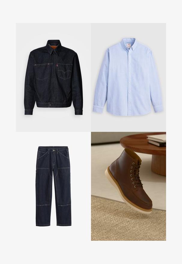 Donkerdenimjack met een ritssluiting aan de voorkant, twee borstzakken en een kraag. Heeft contrasterende stiksels en een merklabel op de linkerzak.; Lichtblauw overhemd met lange mouwen, gemaakt van katoen, met een klassieke kraag en subtiele geborduurde merknaam op de linkerkant van de borst.; Donkerblauwe spijkerbroek met dubbele stiksels, een knoop aan de voorkant, riemlussen en meerdere versterkte opgestikte zakken op de benen.; Bruine leren enkelboot met beige zool op een gestructureerd beige vloerkleed naast een ronde houten tafel met opgestapelde boeken.