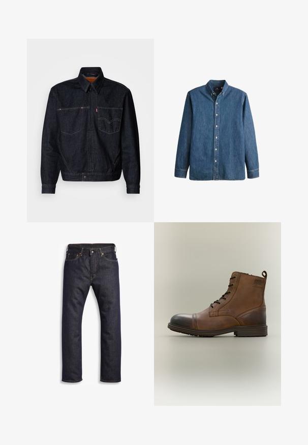 Mørk denimjakke med frontlynlås, to brystlommer og krave. Har kontrasterende syninger og et mærkeskilt på venstre lomme.; Denim button-up skjorte i mellemblå, med lange ærmer, spidse kraver, hvide knapper og en tætsiddende pasform med diskret logo broderi.; Mørkeblå denimjeans med lige snit, fem-lomme design, metalbeslag og kontrasterende orange syninger. Glat tekstur, ingen synlige mønstre.; Brun læderstøvle med snørebånd, sort tåhætte, rund sål og mærket detalje på siden mod ensfarvet baggrund.
