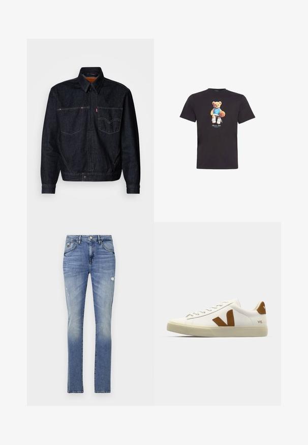 Donkerdenimjack met een ritssluiting aan de voorkant, twee borstzakken en een kraag. Heeft contrasterende stiksels en een merklabel op de linkerzak.; Zwart katoenen t-shirt met een afbeelding van een beer in een blauw sportjersey die een basketbal vasthoudt, met witte sneakers aan zijn voeten.; Lichtblauwe spijkerbroek met een klassieke snit, voorzien van een vervaagde afwerking, lichte beschadigingen, riemlussen, vijf zakken en zilveren beslag.; Witte leren sneaker met een bruine suède V-logo, ronde neus, platte vetersluiting en gestructureerde buitenzool voor grip.