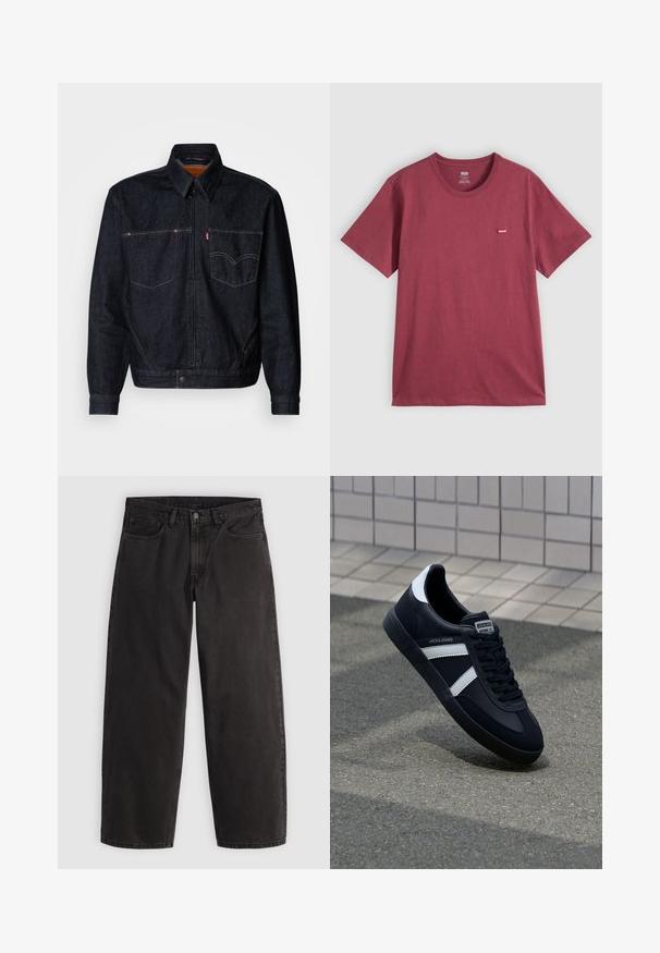 Mørk denimjakke med frontlynlås, to brystlommer og krave. Har kontrasterende syninger og et mærkeskilt på venstre lomme.; Ensfarvet bordeaux kortærmet t-shirt med rund hals og et lille rødt Levi's-logo på venstre bryst.; Sorte denimjeans med lige ben, fem lommer og bæltestropper, vist fladt på en ensartet lys baggrund.; Sort lædersneaker med hvide striber, tekstureret gummisål og snørrebånd foran. Har et brandet mærke på tungen.