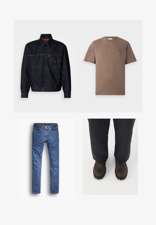 Donkerdenimjack met een ritssluiting aan de voorkant, twee borstzakken en een kraag. Heeft contrasterende stiksels en een merklabel op de linkerzak.; Korte mouwen, bruin katoenen T-shirt met een ronde hals en een klein zwart geborduurd detail van "II" op de borst.; Spijkerbroek in een middelblauwe wassing met een rechte pasvorm, voorzien van vijf zakken, een knop- en ritsluiting en subtiele stikselaccenten.; Bruine leren veterschoenen met een ronde neus, zwarte rubberen zool en textuurdetails, gecombineerd met loszittende donkere broek.