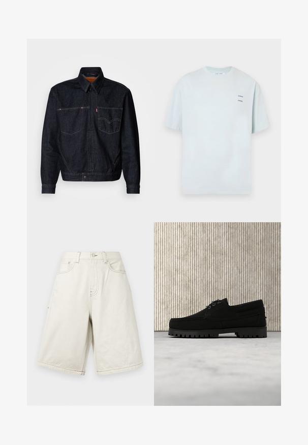 Donkerdenimjack met een ritssluiting aan de voorkant, twee borstzakken en een kraag. Heeft contrasterende stiksels en een merklabel op de linkerzak.; Lichtblauw T-shirt met korte mouwen en ronde hals met twee gedrukte "SAMSØE"-logo's op het linker borstgebied. Gemaakt van zacht stof.; Beige denim shorts met een losse pasvorm, voorzien van riemlussen, voorzakken en zichtbare naden. De stof heeft een gladde textuur.; Zwarte veterlaars met dikke geribbelde zool zwevend boven beige tapijt, bruine moderne ronde tafel in zacht verlichte kamer op de achtergrond.