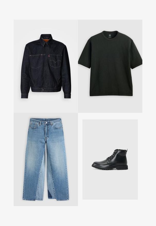 Veste en denim foncé avec une fermeture éclair devant, deux poches poitrine et un col. Présente des coutures contrastées et une étiquette de marque sur la poche gauche.; T-shirt noir à manches courtes avec col rond, coupe ample, présenté sur un fond gris clair uniforme.; Jean droit en denim bleu avec un design classique à cinq poches et une fermeture à boutons à l'avant, présenté à plat sur un fond neutre.; Bottines noires en cuir avec un bout arrondi, un laçage à l'avant, des côtés texturés et une semelle robuste pour une bonne adhérence. Dotées d'une languette à l'arrière.