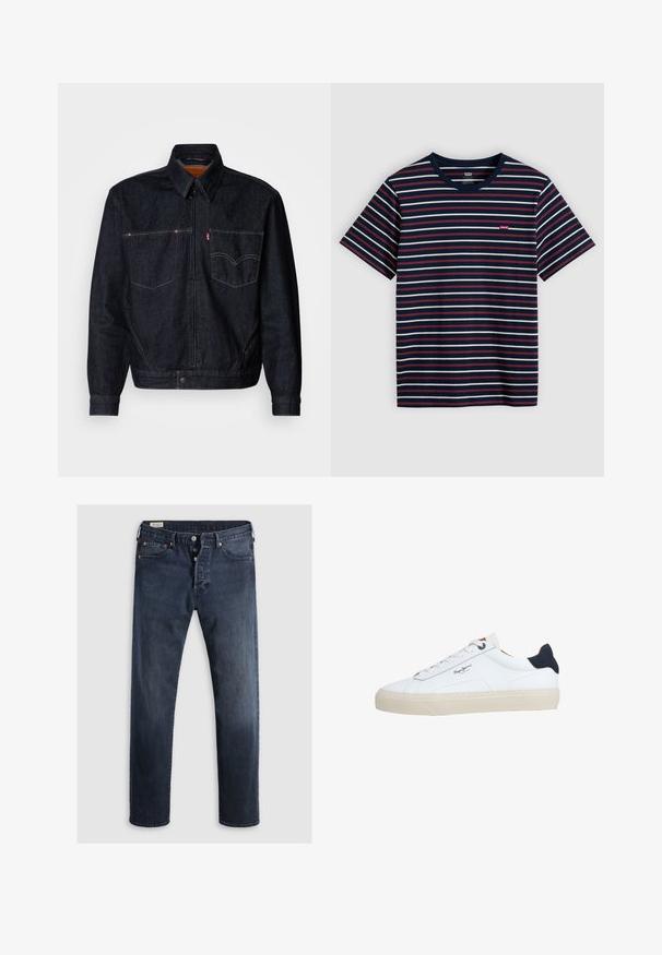 Mørk denimjakke med frontlynlås, to brystlommer og krave. Har kontrasterende syninger og et mærkeskilt på venstre lomme.; Marineblå T-shirt med korte ærmer, hvide og røde vandrette striber samt et lille rødt Levi's-logo på brystet.; Mørkeblue denimjeans med lige ben, der har lynlås i fly, metalknapper og kobbernitter. Glat tekstur, ingen synlige mønstre.; Hvid lavtop-sneaker med beige sål, hvide snørebånd, sort hælkappe og "Pepe Jeans London"-logo på siden.