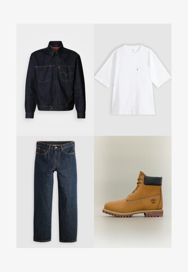 Donkerdenimjack met een ritssluiting aan de voorkant, twee borstzakken en een kraag. Heeft contrasterende stiksels en een merklabel op de linkerzak.; Wit katoenen T-shirt met korte mouwen, ronde hals en een borstzak aan de linkerkant. Heeft een klein rood logotagje op de zak.; Donkerblauwe denim jeans met een rechte pijp. Voorzien van vijf zakken, contrasterende stiksels en een knoopsluiting in de taille.; Bruine leren enkellaars met zwarte kraag, gele veters en een zandkleurige zool. Voorzien van een logo en witte stikseldetails. Robuuste loopzool met grip.