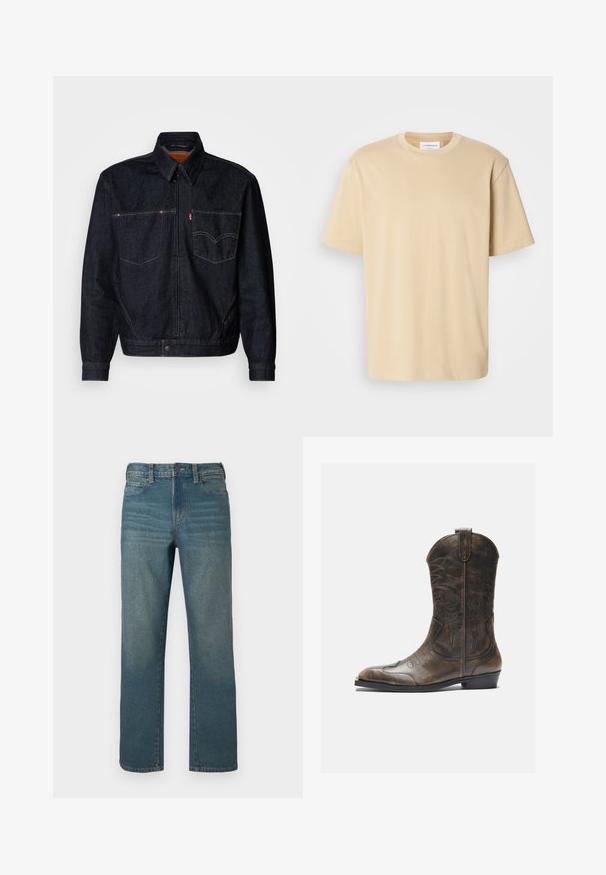 Mørk denimjakke med frontlynlås, to brystlommer og krave. Har kontrasterende syninger og et mærkeskilt på venstre lomme.; Beige kortærmet t-shirt, lavet af blødt stof. Har en rund halsudskæring og en afslappet pasform uden synlige mønstre eller detaljer.; Denimjeans i mellemblå, med lige ben, design med knaplukning, fem lommer og let falmning foran.; Brune læder cowboystøvle med en høj skaft, spids tå, intrikate syning mønstre og en lille hæl. Struktureret finish hele vejen igennem.