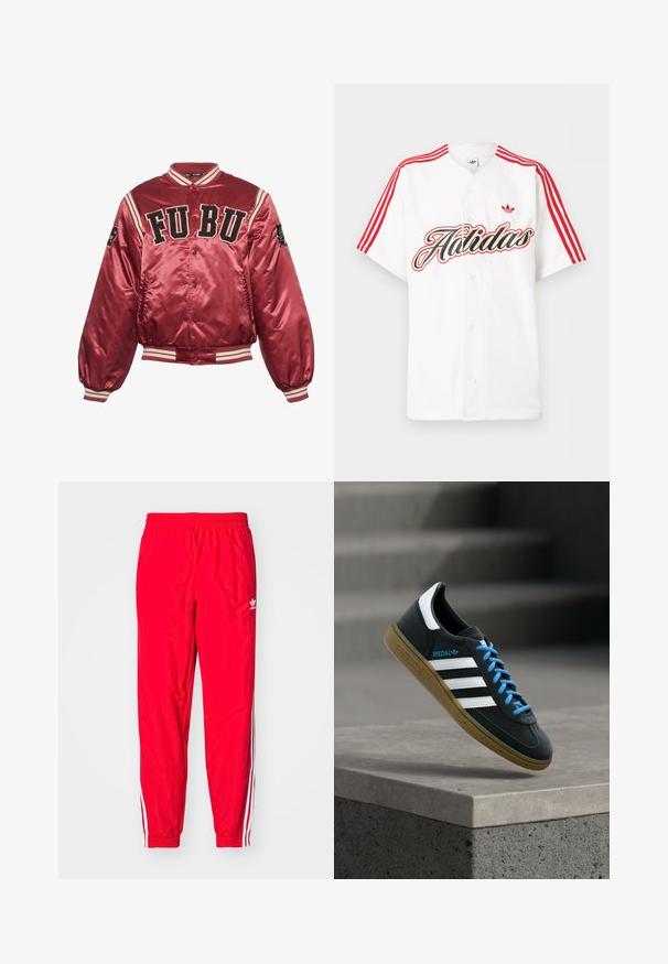 Rød satin bomberjakke med ribbede manchetter og kant. FUBU broderet logo på forsiden; sorte detaljer og stribede dekoreringer på ærmerne.; Hvid kortærmet skjorte med knapper, med røde Adidas-striber på skuldrene, stor stiliseret "Adidas"-tekst og rødt trefoil-logo på brystet.; Røde sportstræningsbukser med elastisk talje, hvide stribede detaljer langs siderne og et lille hvidt logo på venstre lår.; Sort Adidas sneaker med hvide striber, blå snørebånd og gummisål, der svæver over gråt betontrin i blødt lys.