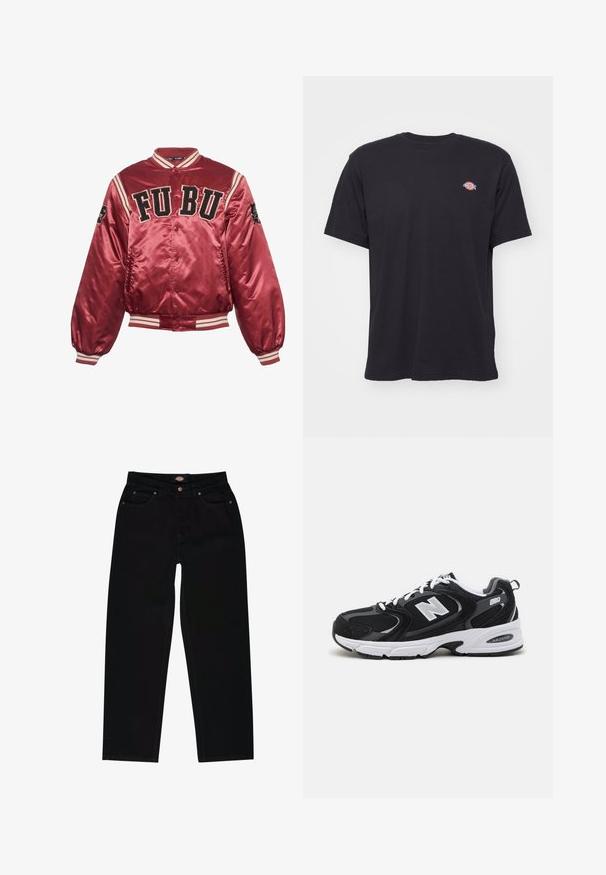 Rode satijnen bomberjack met ribgebreide manchetten en zoom. FUBU geborduurd logo op de voorkant; zwarte accenten en gestreepte details op de mouwen.; Zwart T-shirt met korte mouwen en ronde hals, met een klein kleurrijk Dickies-logo op de linkerborst tegen een effen achtergrond.; Zwarte denim jeans met een rechte pasvorm, voorzien van vijf zakken, bruine stiksels en een ritssluiting. Laatste textuur en duurzaam materiaal.; Zwarte en grijze sport schoenen met een bovenwerk van mesh en suede, voorzien van een witte tussenzool, veters en een gedurfde "N"-logo aan de zijkant.