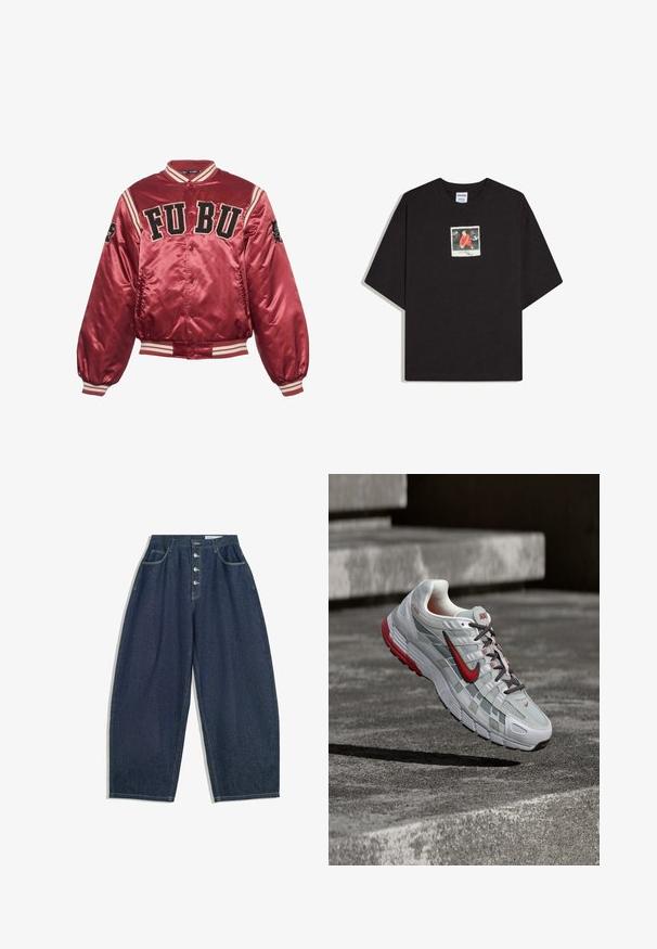 Rød satin bomberjakke med ribbede manchetter og kant. FUBU broderet logo på forsiden; sorte detaljer og stribede dekoreringer på ærmerne.; Sort oversized T-shirt med et lille firkantet motiv af en mand i en rød jakke, der sidder på hug mellem to dæk på brystet.; Mørkeblå denim bukser med brede ben og høj talje, fem knaplukninger og fem lommer. Har stikninger som accent på sømmene.; Hvid og grå Nike løbesko med røde accenter og sorte snørebånd, ophængt over grå beton-trin.