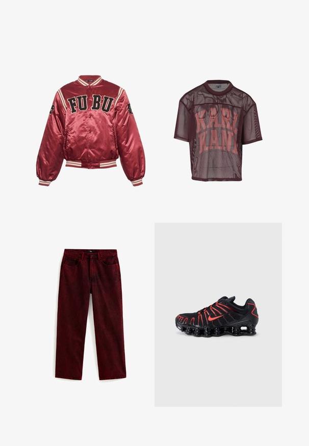Rode satijnen bomberjack met ribgebreide manchetten en zoom. FUBU geborduurd logo op de voorkant; zwarte accenten en gestreepte details op de mouwen.; Bordeauxroze mesh T-shirt met korte mouwen, een ronde hals en contrasterende roze "KARL KANI" tekst op de voorkant. Licht en ademend ontwerp.; Rode denim jeans met een losse pasvorm, versleten textuur, vijf zakken en knoopsluiting, met licht taps toelopende pijpen.; Zwarte sportschoenen met rode accenten, voorzien van een gestructureerde mesh bovenkant, een uniek golvend ontwerp en een gevormde, gedempte zool.