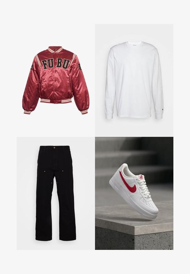 Rode satijnen bomberjack met ribgebreide manchetten en zoom. FUBU geborduurd logo op de voorkant; zwarte accenten en gestreepte details op de mouwen.; Witte lange mouwen T-shirt van katoen. Ronde hals ontwerp met ribgebreide manchetten en een klein logo op de linkermouw. Gladde textuur.; Zwarte denim broek met een recht-pijp ontwerp, voorzien van gouden hardware accenten en zichtbare stiksels op de voor- en achterzakken.; Witte Nike Air Force 1 sneaker met rood swoosh-logo zwevend boven een betonnen rand en trappen op de achtergrond.