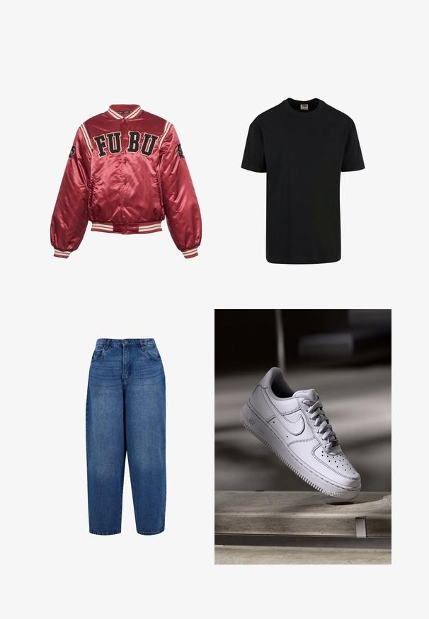 Rød satin bomberjakke med ribbede manchetter og kant. FUBU broderet logo på forsiden; sorte detaljer og stribede dekoreringer på ærmerne.; Urban Classics SHORTSLEEVE - T-shirts basic - black; Højtaljede straight-leg jeans i mellemblå denim. Har fem-lomme design, metalknap lukning og dobbelt-stitchet kant.; Hvid læder Nike Air Force 1 sneaker med perforeret tå, flade snørebånd og tekstureret gummisål med "AIR" branding på siden.