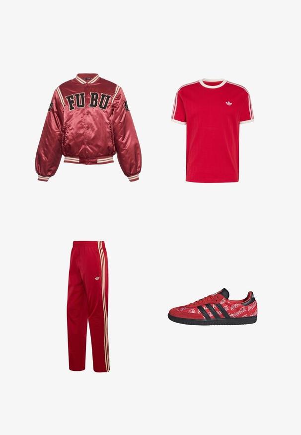 Rode satijnen bomberjack met ribgebreide manchetten en zoom. FUBU geborduurd logo op de voorkant; zwarte accenten en gestreepte details op de mouwen.; Rood Adidas T-shirt met korte mouwen, witte ronde kraag en mouwranden, witte drie strepen op de schouders, klein plantengezamen-logo op de linkerborst.; Rode Adidas trainingsbroek met beige drievoudige strepen langs de zijkanten en een zak met rits op de rechterheup.; Rode Adidas sneaker met zwarte strepen en zool, met witte Coca-Cola-logo's over het hele stoffen bovenwerk.