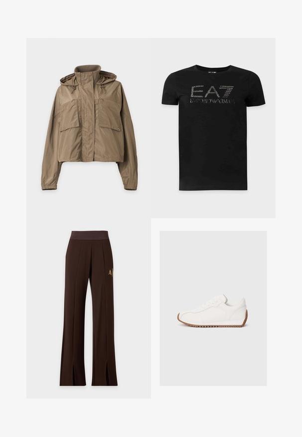 Veste légère marron avec col montant, capuche, manches longues, poignets élastiques et deux grandes poches avant avec rabats.; T-shirt noir à manches courtes et col rond avec le logo blanc texturé EA7 Emporio Armani centré sur la poitrine.; Pantalon large marron foncé avec taille élastique, coutures sur l'avant, logo sur le côté et fentes à l'avant de l'ourlet.; Baskets blanches avec tige en cuir lisse, semelle en caoutchouc texturée, bout rond et détails de couture subtils. Semelle extérieure en caoutchouc marron contrastante.